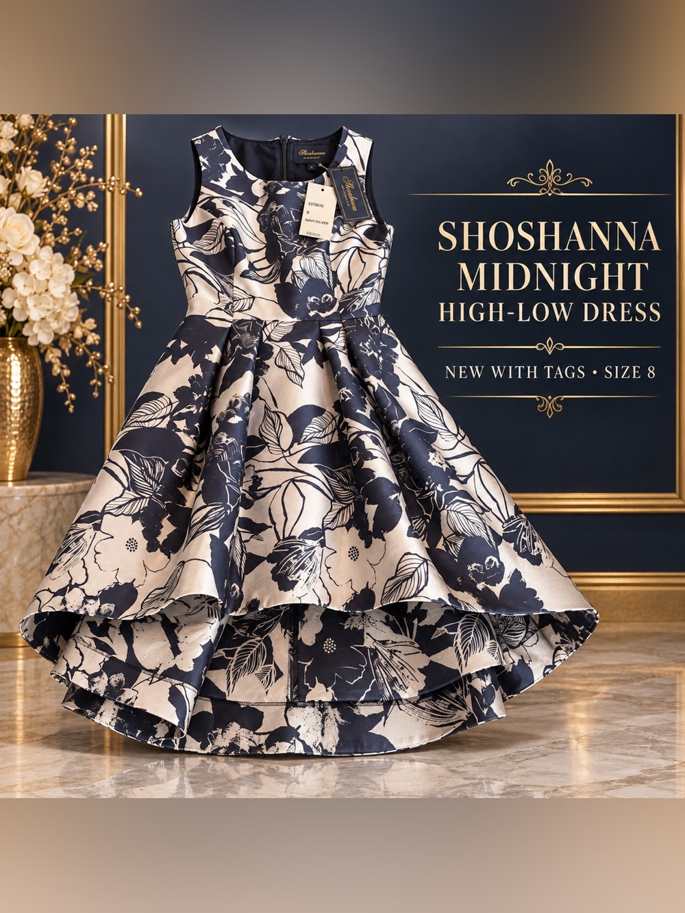 #0355 Shoshanna Midnight Navy & Silver Floral High-Low Dress NWT Size 8